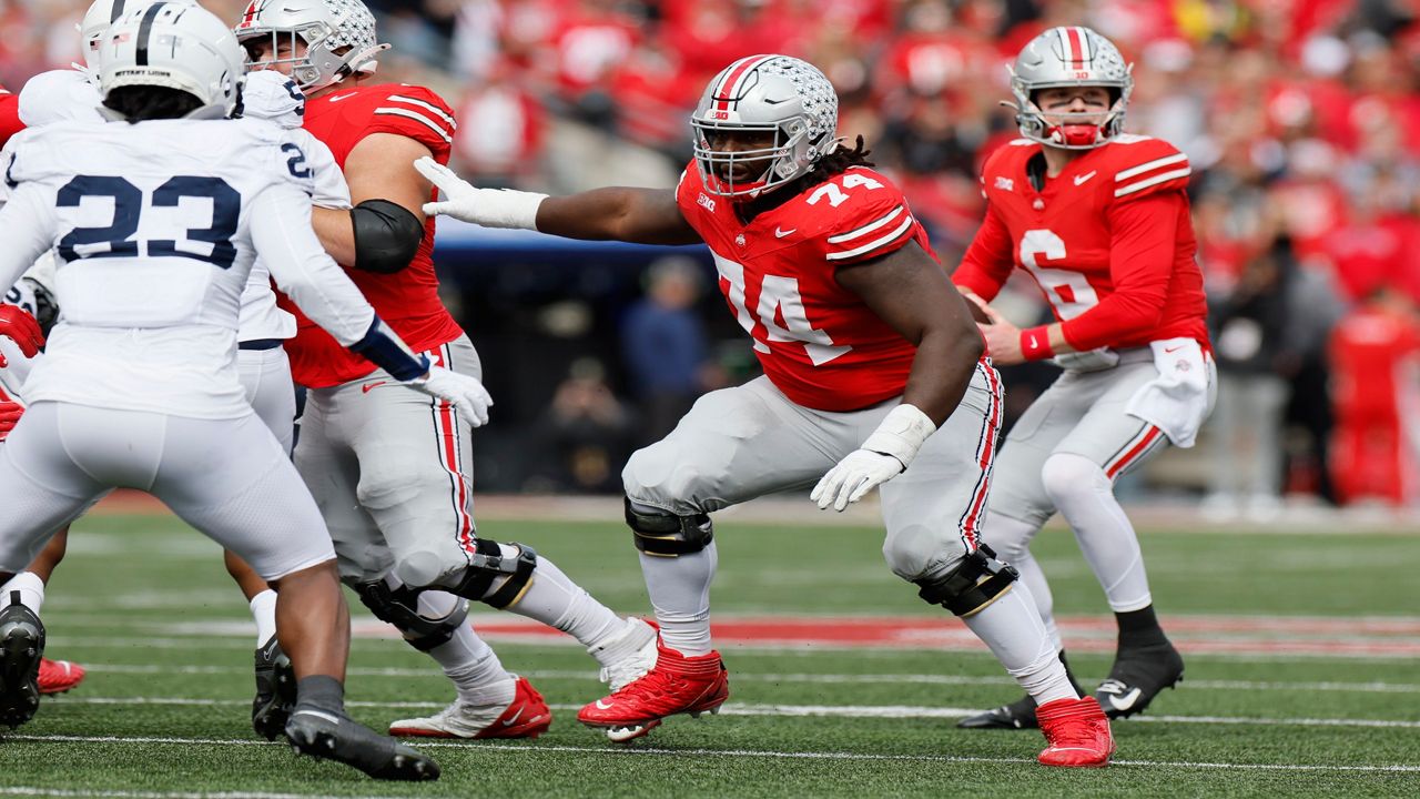 Ohio State offensive lineman Donovan Jackson (74) plays against Penn State during an NCAA college football game Saturday, Oct. 21, 2023, in Columbus, Ohio. (AP Photo/Jay LaPrete, File)