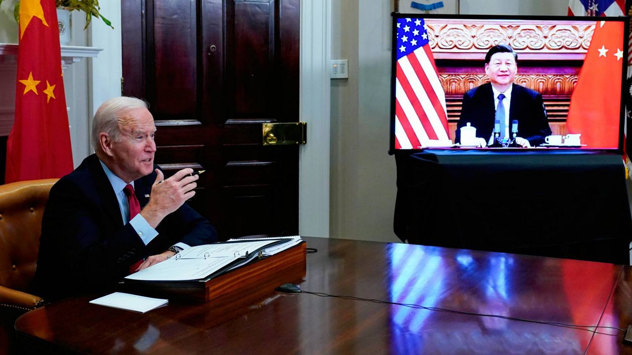 President Joe Biden meets virtually with Chinese President Xi Jinping from the Roosevelt Room of the White House in Washington, on Nov. 15, 2021. Biden set out to be the U.S. president who finally completed the "Asia pivot," Washington lingo for a long sought adjustment of U.S. foreign policy to better reflect the rise of America's most significant competitor: China. (AP Photo/Susan Walsh, File)