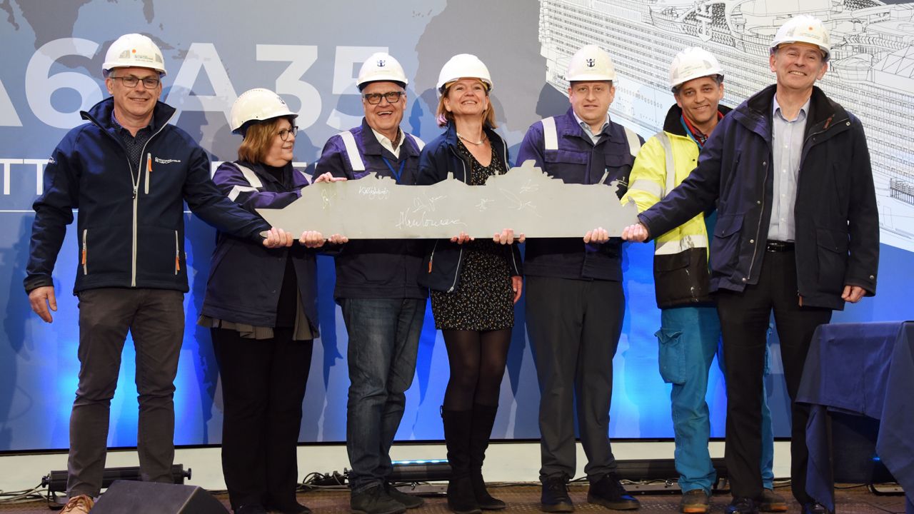 Royal Caribbean International began construction April 5, 2022 on the next Oasis-class ship Utopia of the Seas at a steel-cutting ceremony held at the Chantiers de l’Atlantique shipyard in Saint-Nazaire, France. (Chantiers de l’Atlantique/Bernard Biger)