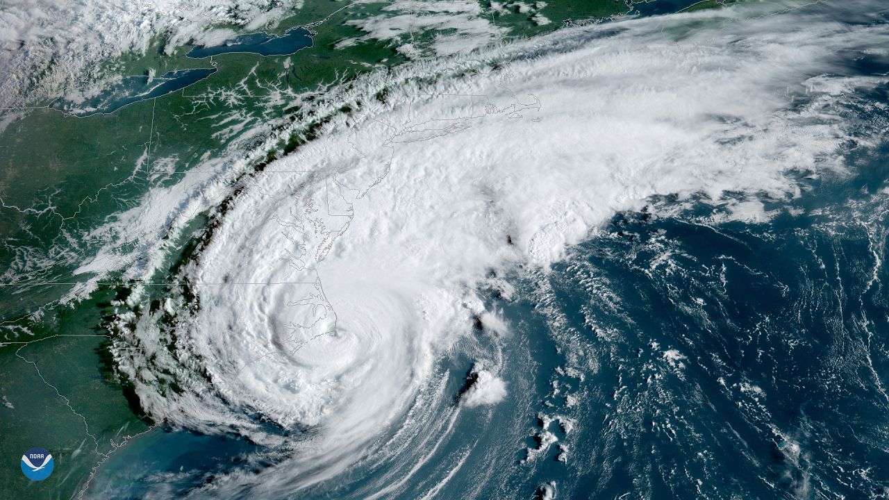 Satellite image of Hurricane Dorian making landfall along North Carolina's Outer Banks.