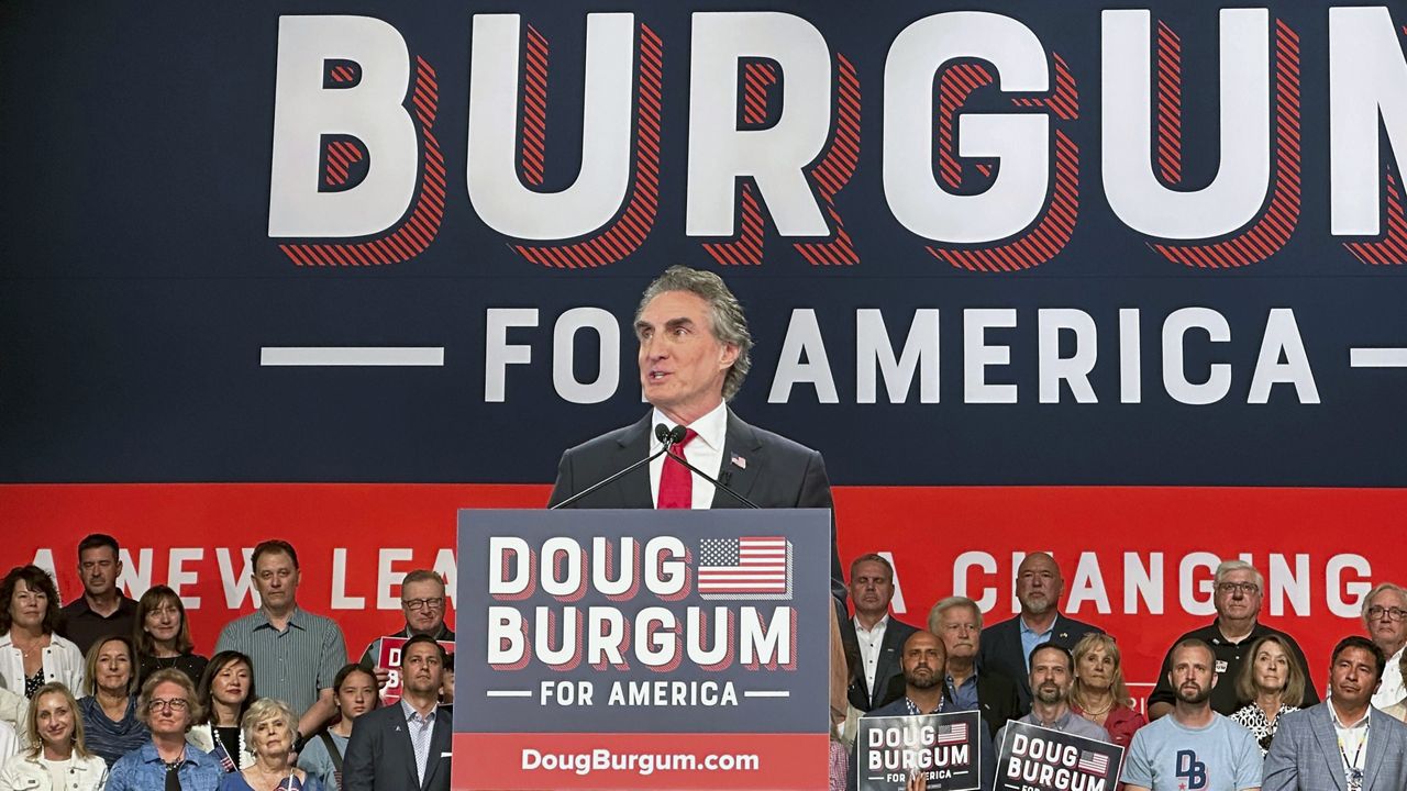 North Dakota Gov. Doug Burgum speaks Wednesday as he kicks off his campaign for the 2024 Republican presidential nomination in Fargo, N.D. (Tom Stromme/The Bismarck Tribune via AP, File) 