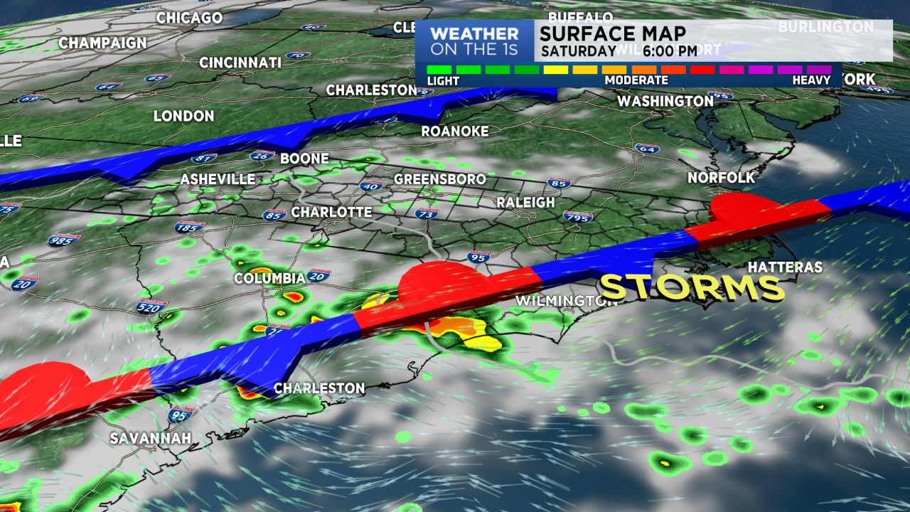 A stalled front means scattered storms Saturday.