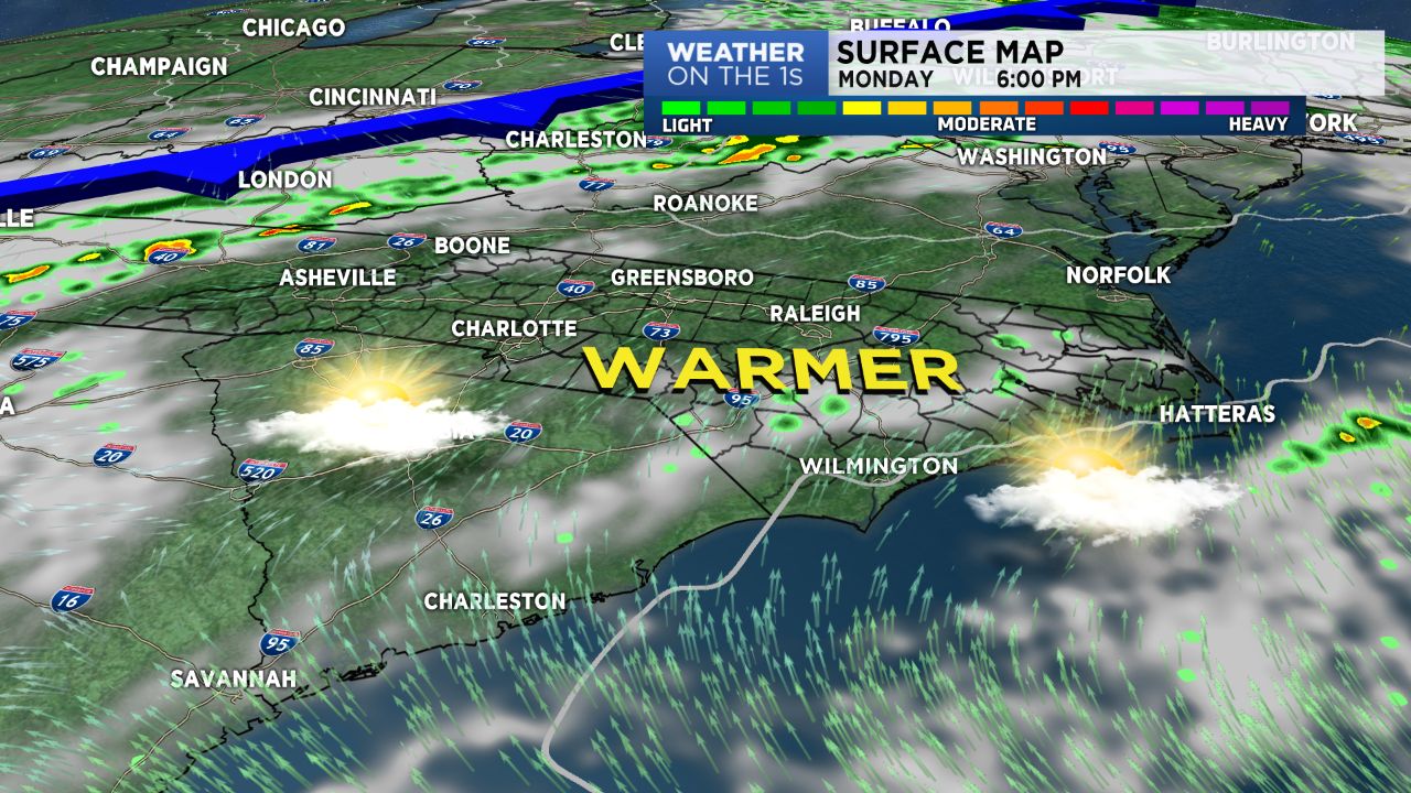 Warmer on Monday with an isolated coastal shower.