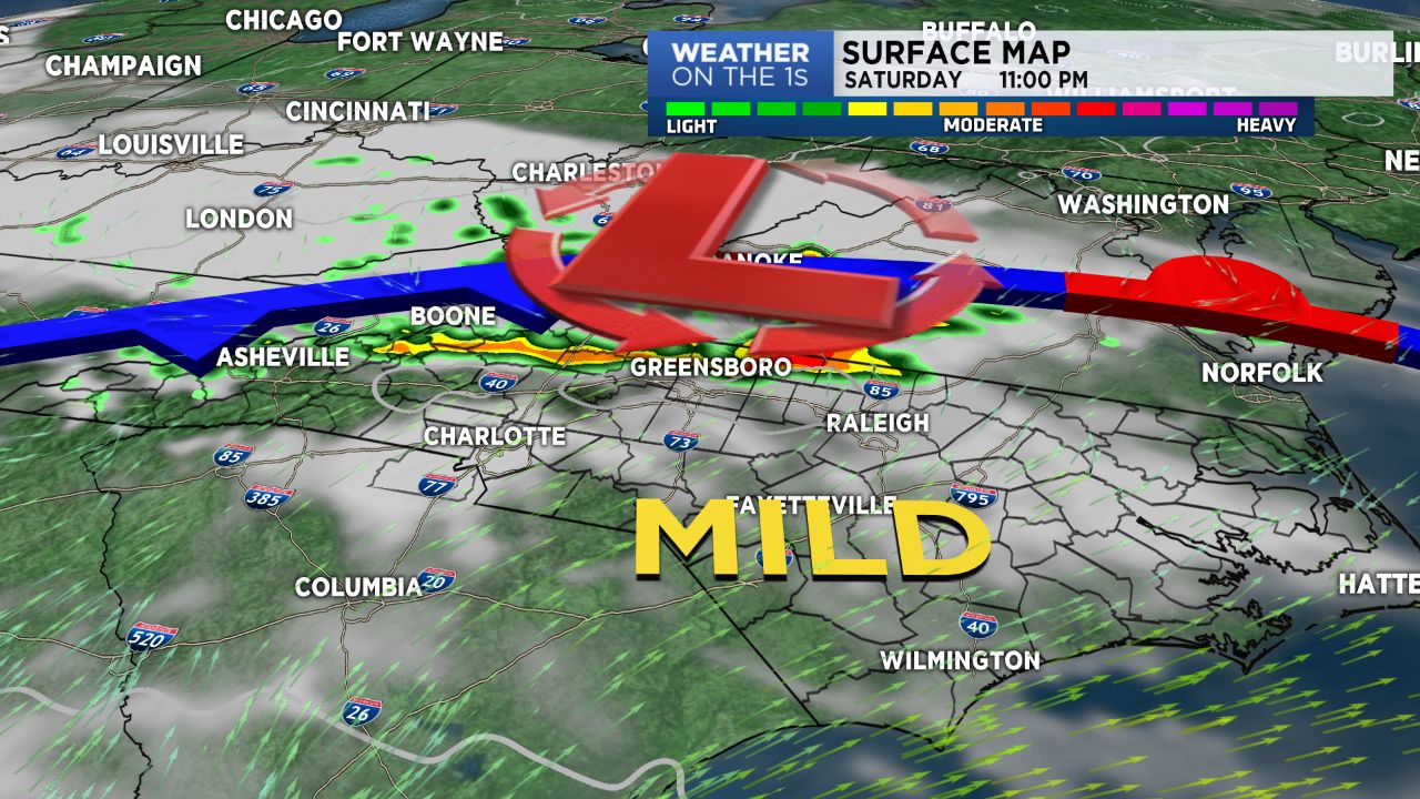 Low pressure will lead to rain and some thunder by late Saturday evening.