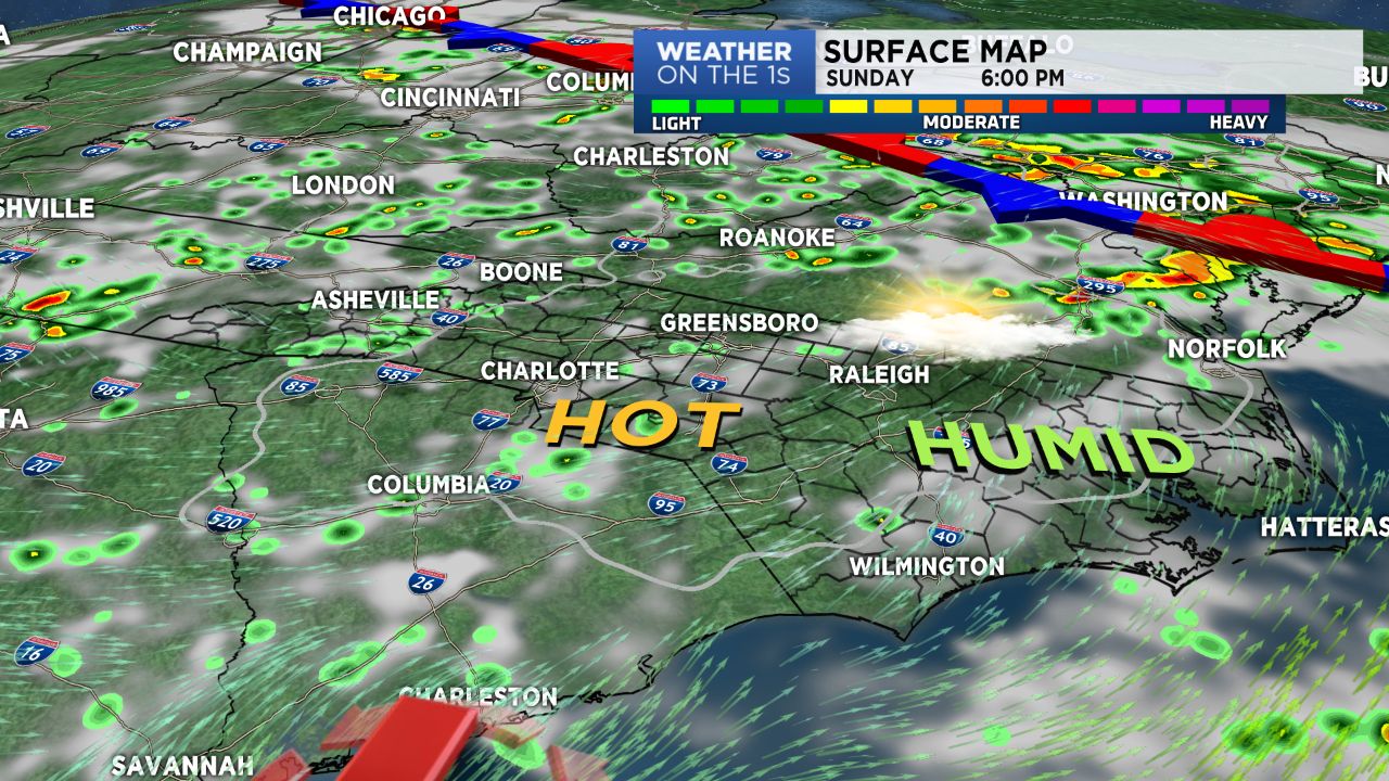 More heat with isolated storms for Sunday.