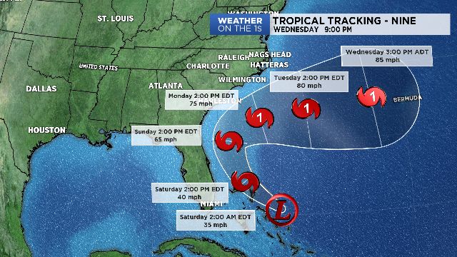 Tropical track on Depression 9 has shifted east, for now.