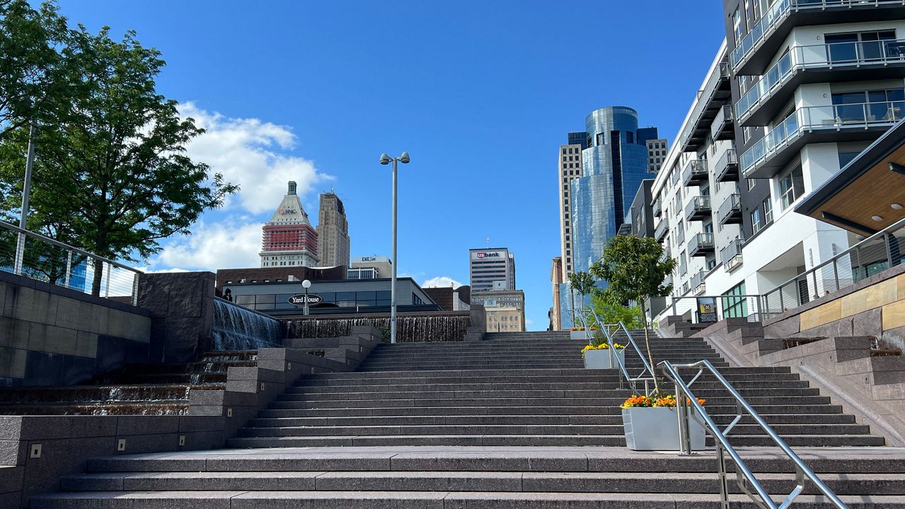 Walkway to the John G. and Phyllis W. Smale Riverfront Park looking at downtown Cincinnati, Ohio on Wednesday, April 24, 2024. (Spectrum News 1/AJ Hymiller)