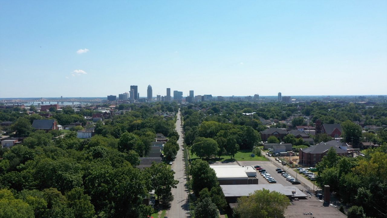 Aerial shot of downtown Louisville from a drone. (Spectrum News 1/Mason Brighton)