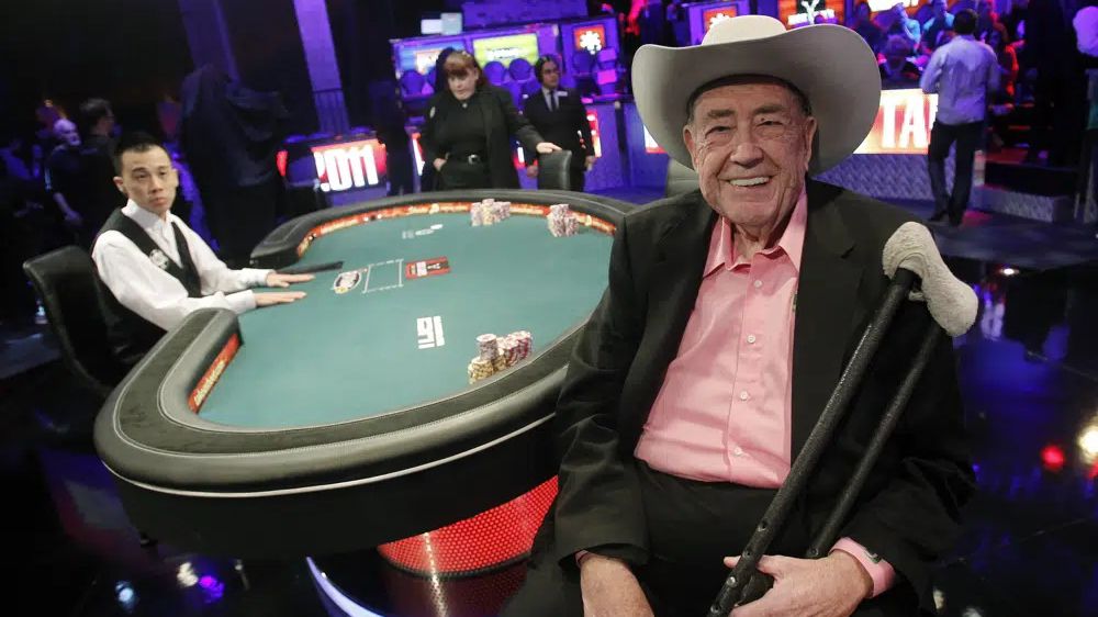 Doyle Brunson is pictured prior to play at the final table of the World Series of Poker on Nov. 8, 2011, in Las Vegas. Brunson, one of the most influential poker players of all time and a two-time world champion, died Sunday, May 14, 2023, according to his agent. He was 89. (AP Photo/Isaac Brekken, File)