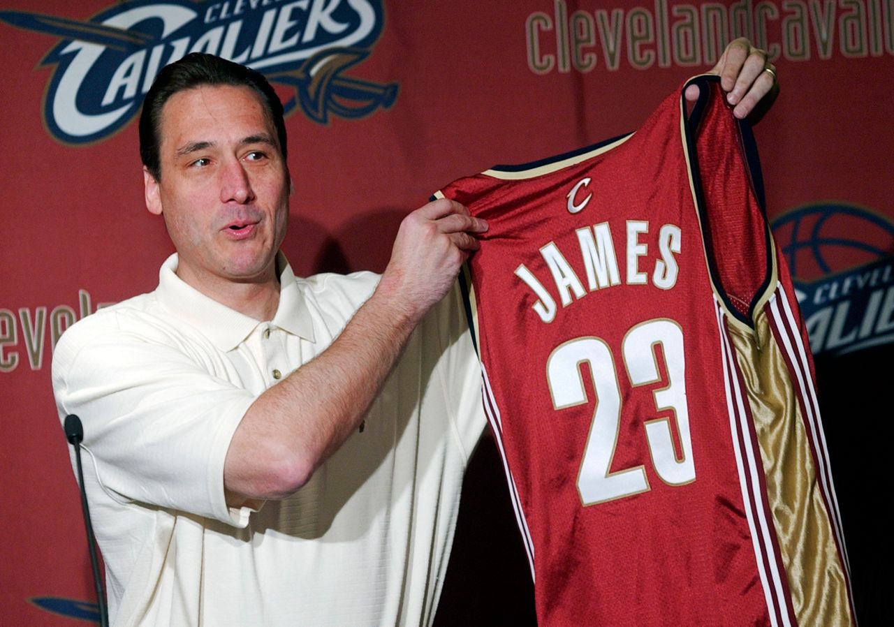 The General Manager of Cleveland Cavaliers, Jim Paxson, will stop the jersey No. 23 with LeBron James' name on the back during an NBA basketball press conference in the Gund Arena in Cleveland on Friday, May 23, 2003.