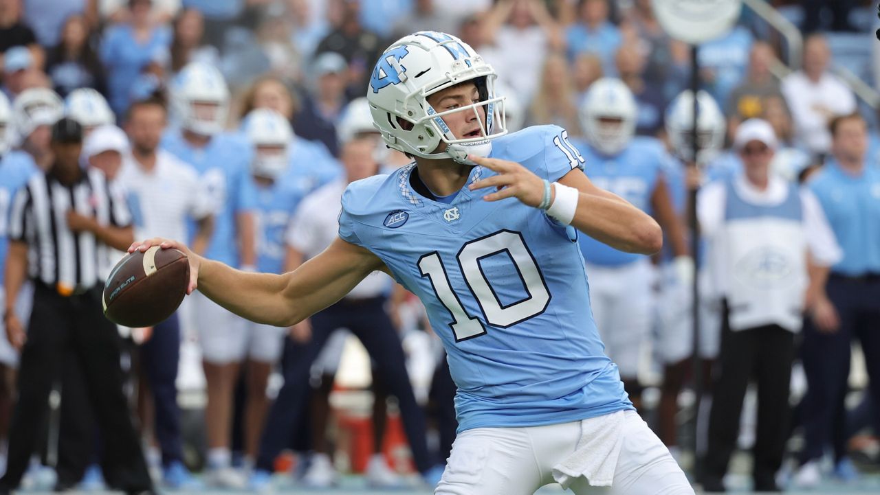 North Carolina quarterback Drake Maye (10) throws a pass against Appalachian State during the first quarter of an NCAA college football game on Saturday, Sept. 9, 2023, in Chapel Hill, N.C. (AP Photo/Reinhold Matay)