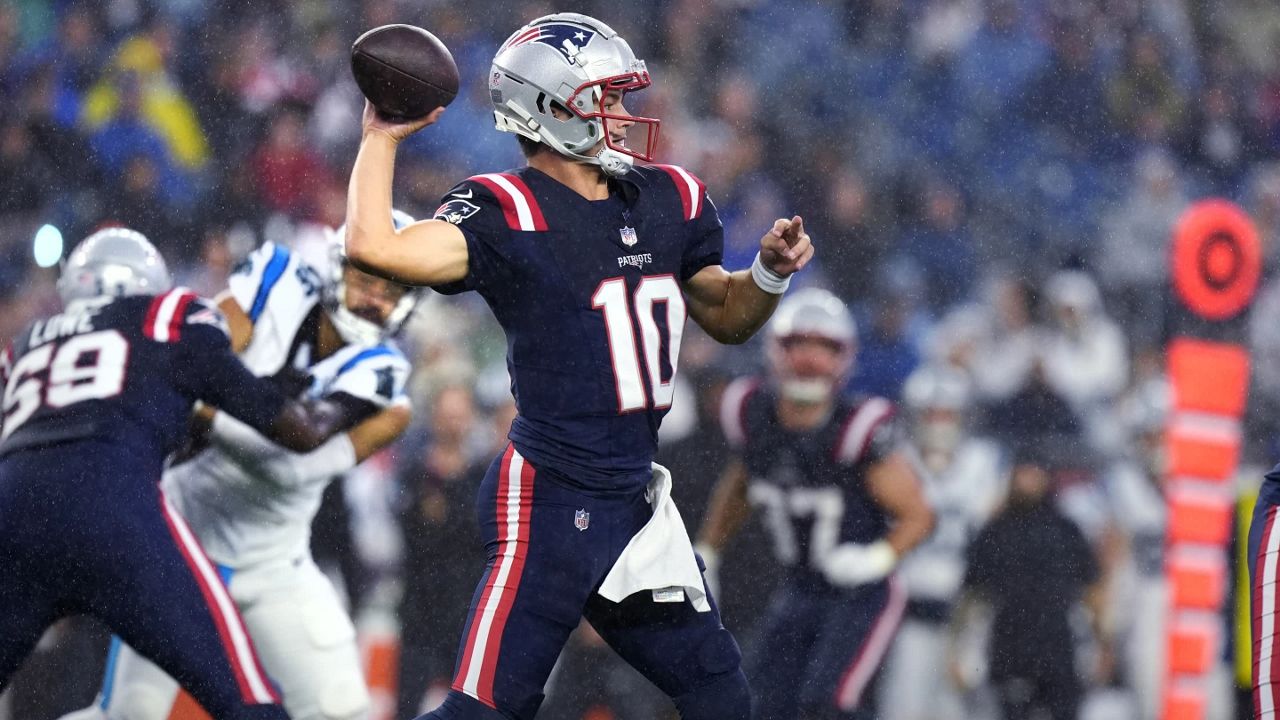 New England Patriots quarterback Drake Maye (10) throws a pass during the first half of a preseason NFL football game against the Carolina Panthers, Thursday, Aug. 8, 2024, in Foxborough, Mass. (AP Photo/Michael Dwyer)