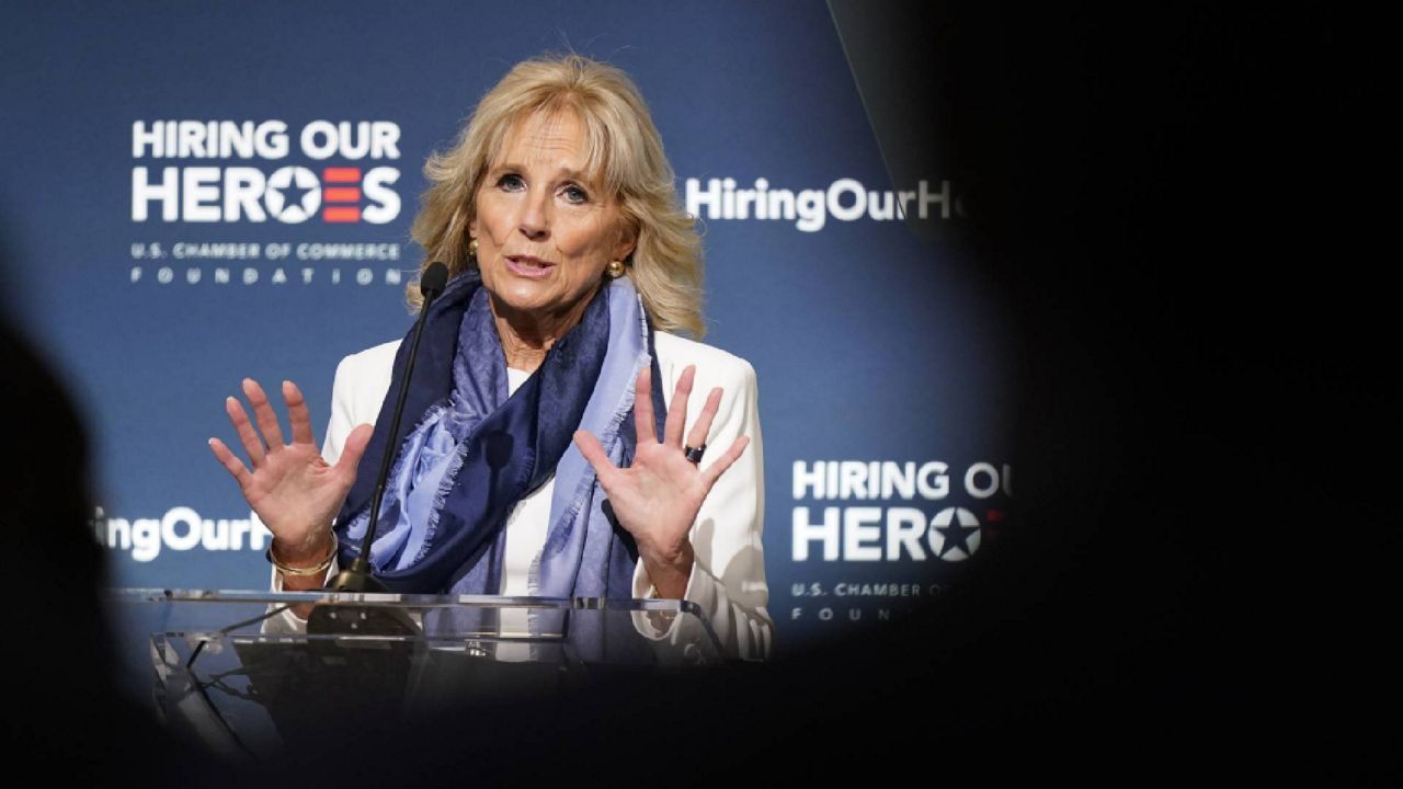 First lady Jill Biden speaks to the the Hiring Our Heroes Veteran Employment Advisory Council at the U.S. Chamber of Commerce, Wednesday, Nov. 17, 2021, in Washington. (AP Photo/Patrick Semansky)