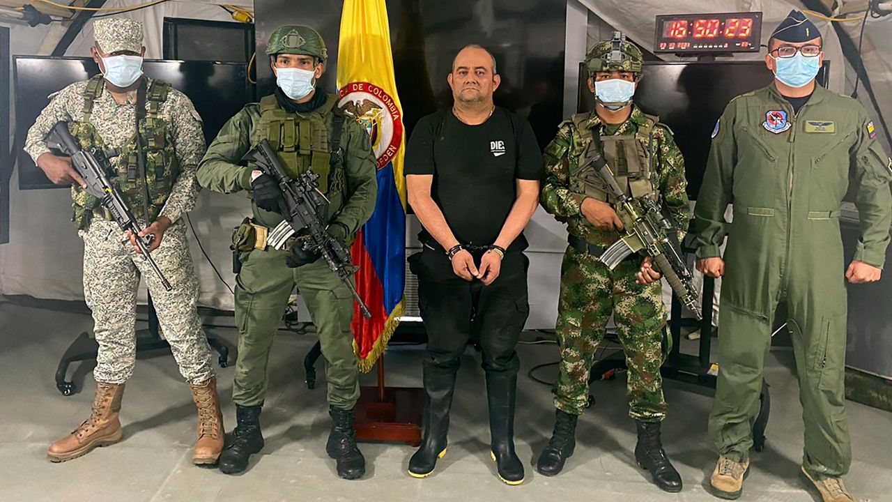 Dairo Antonio Usuga is presented to the media at a military base in Colombia on Oct. 23, 2021.