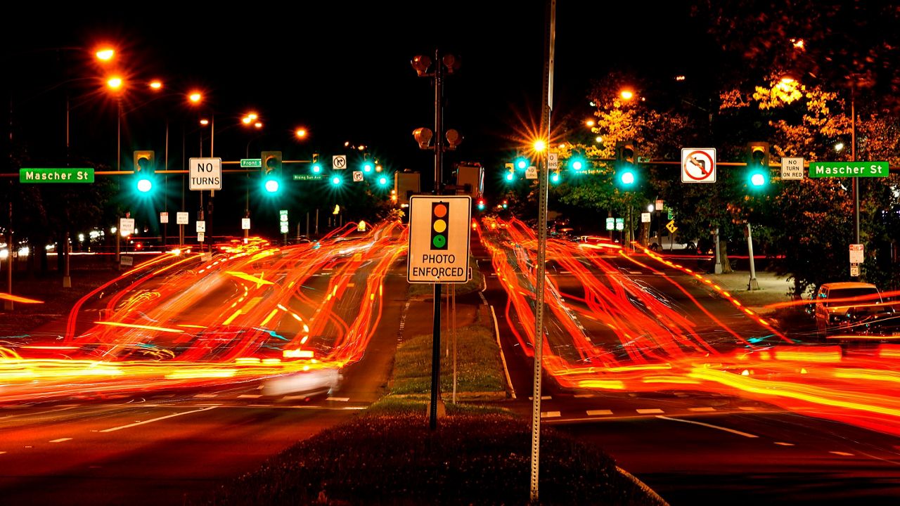 This long exposure photo shows traffic driving on Roosevelt Boulevard in Philadelphia, Wednesday, May 25, 2022. (AP Photo/Matt Rourke, File)