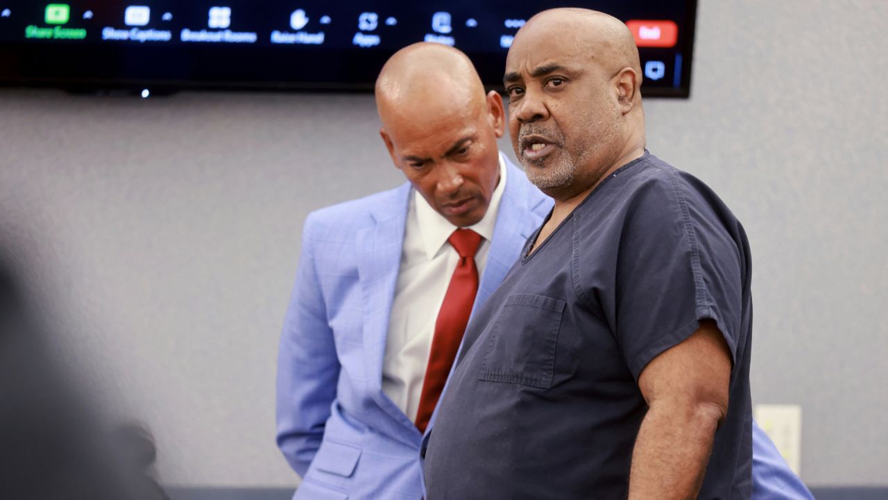 Duane "Keffe D" Davis, who is accused of orchestrating the 1996 slaying of hip-hop icon Tupac Shakur, right, talks to his attorney, Carl Arnold, in court at the Regional Justice Center in Las Vegas, June 25, 2024. (K.M. Cannon/Las Vegas Review-Journal via AP, Pool)