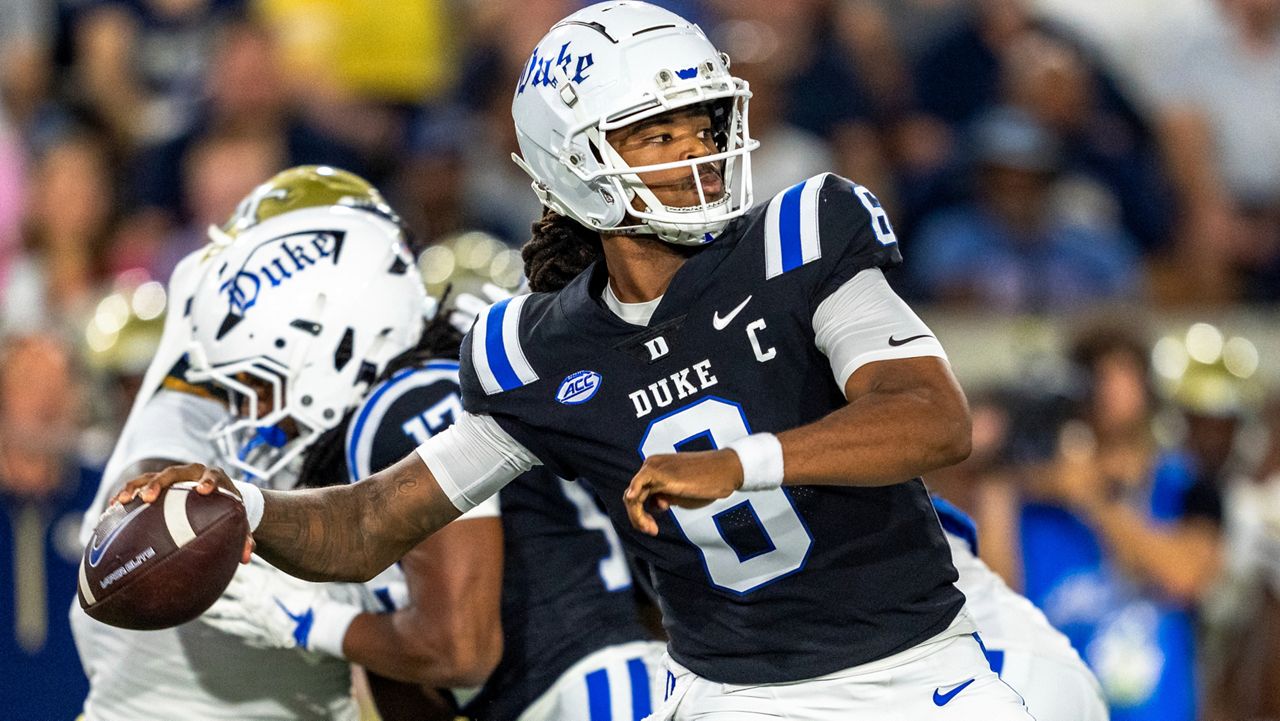 Duke quarterback Maalik Murphy (6) drops back to pass against Georgia Tech during an NCAA college football game Saturday, Oct. 5, 2024, in Atlanta. (AP Photo/Jason Allen)