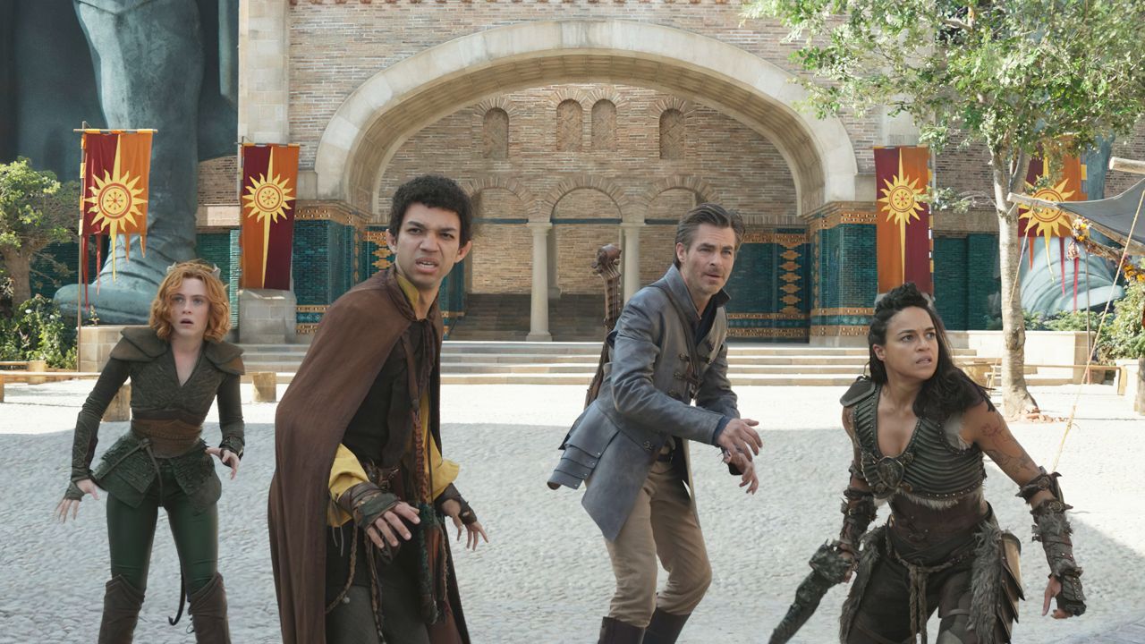 This image released by Paramount Pictures shows Sophia Lillis, Justice Smith, Chris Pine and Michelle Rodriguez in a scene from "Dungeons & Dragons: Honor Among Thieves." (Paramount Pictures via AP)