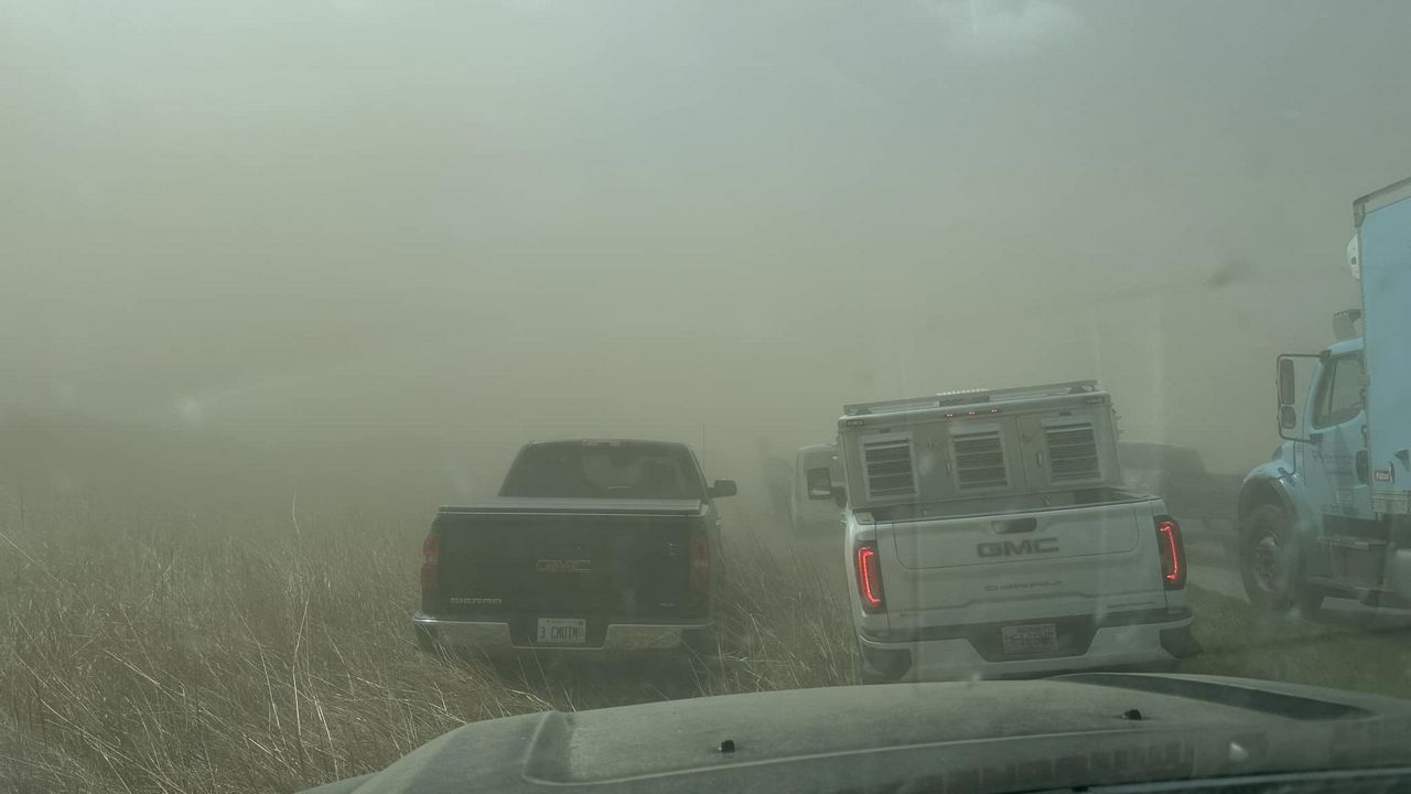 A dust storm created zero visibility for drivers on I-55 in southern Illinois Monday. (Courtesy: Thomas DeVore/Facebook)