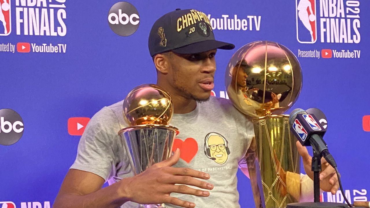 Giannis honors Jim Paschke with t-shirt postgame NBA Finals