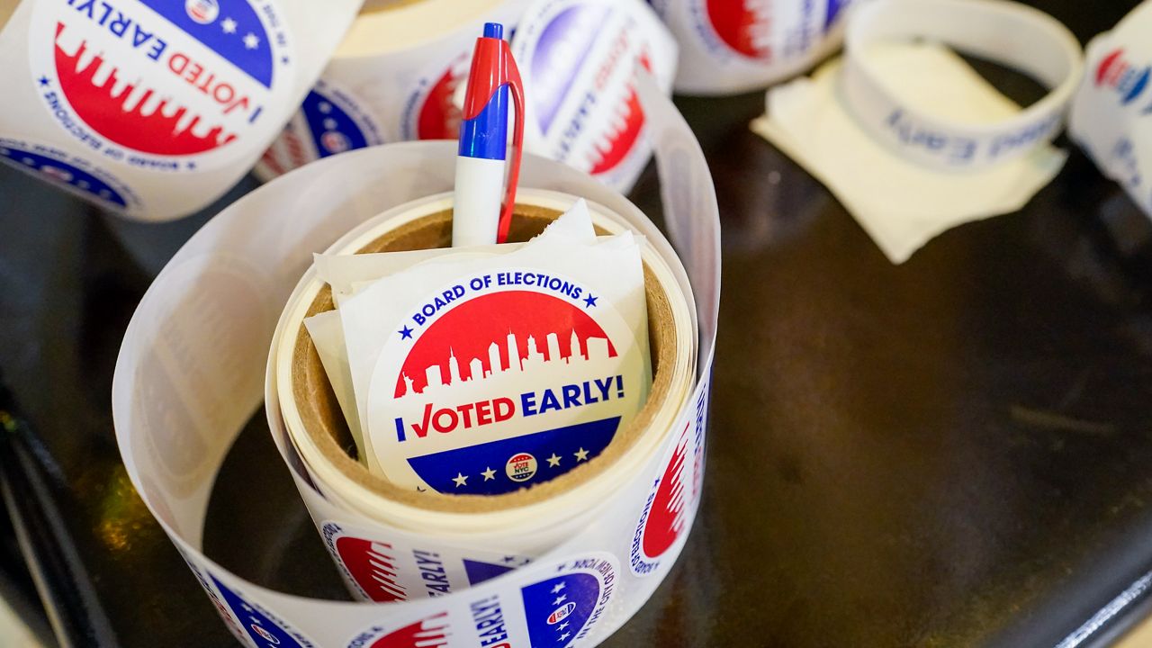 "I Voted Early" stickers are seen during early voting in the primary election, Monday, June 14, 2021, at the Church of St. Anthony of Padua in the Soho neighborhood of New York. (AP Photo/Mary Altaffer)