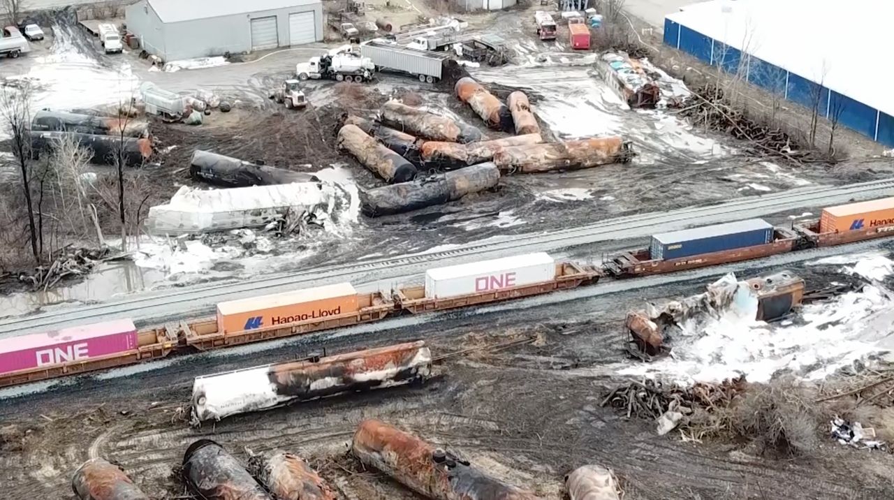 An aerial view of the train derailment last month in East Palestine, Ohio. (File Photo)