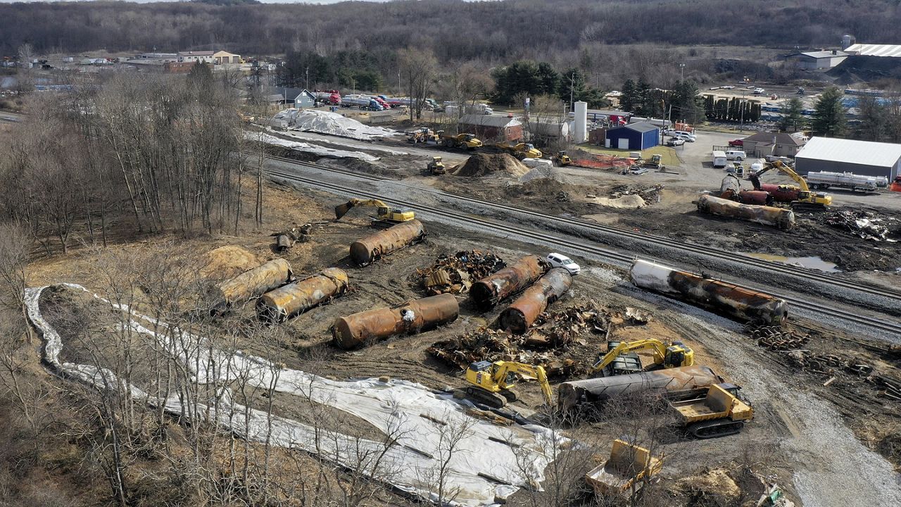 A view of the scene Feb. 24, 2023, as the cleanup continues at the site of of a Norfolk Southern freight train derailment that happened on Feb. 3 in East Palestine, Ohio. Pennsylvania Gov. Josh Shapiro said Monday, March 6, 2023 that Norfolk Southern has pledged several million dollars to cover the cost of the response and recovery in Pennsylvania after last month's derailment of a train carrying toxic chemicals just across the border in Ohio. (AP Photo/Matt Freed, file)