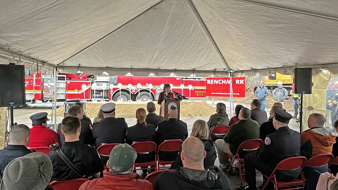 Sen. Susan Collins (R-Maine) delivers remarks at the groundbreaking for the new Central Fire Station and EMS headquarters on Main Street in Sanford Tuesday. (Spectrum News/Sean Murphy)