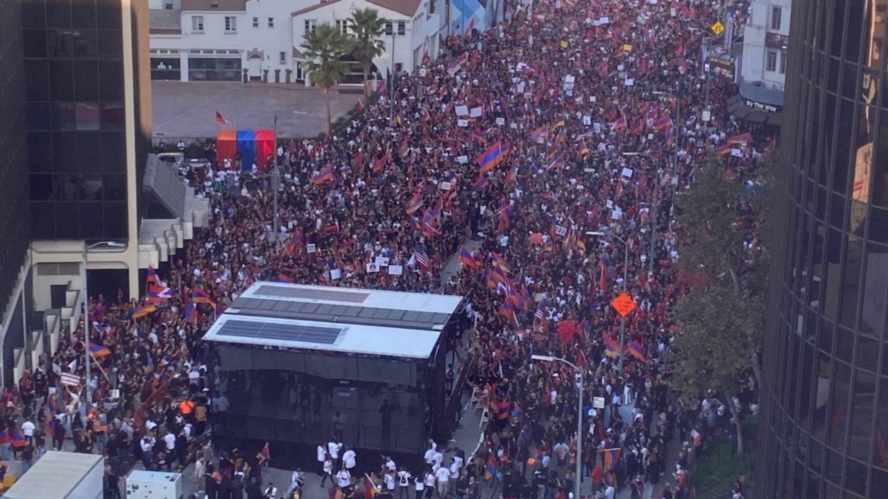 A large and peaceful crowd of nearly 100,000 people marched Sunday through Beverly Hills in support of Armenia in its conflict with Azerbaijan and Turkey over the disputed Nagorno-Karabakh region. (Courtesy LAPD)