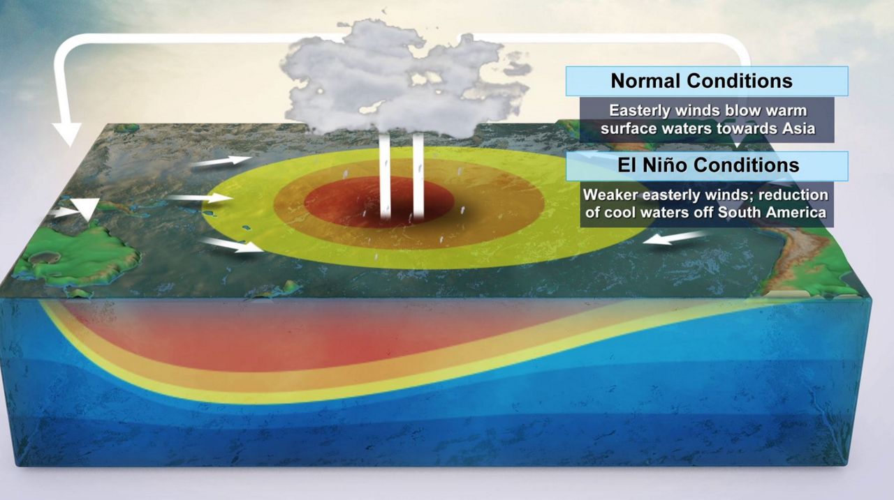 El Niño develops from warmer oceanic waters located off the west coast of Central and South America.