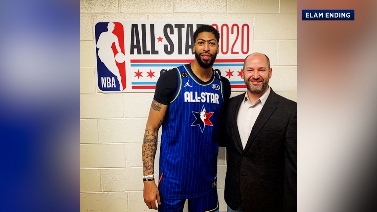 Elam Ending creator Nick Elam and NBA Player Anthony Davis after the 2020 All-Star Game in Chicago.