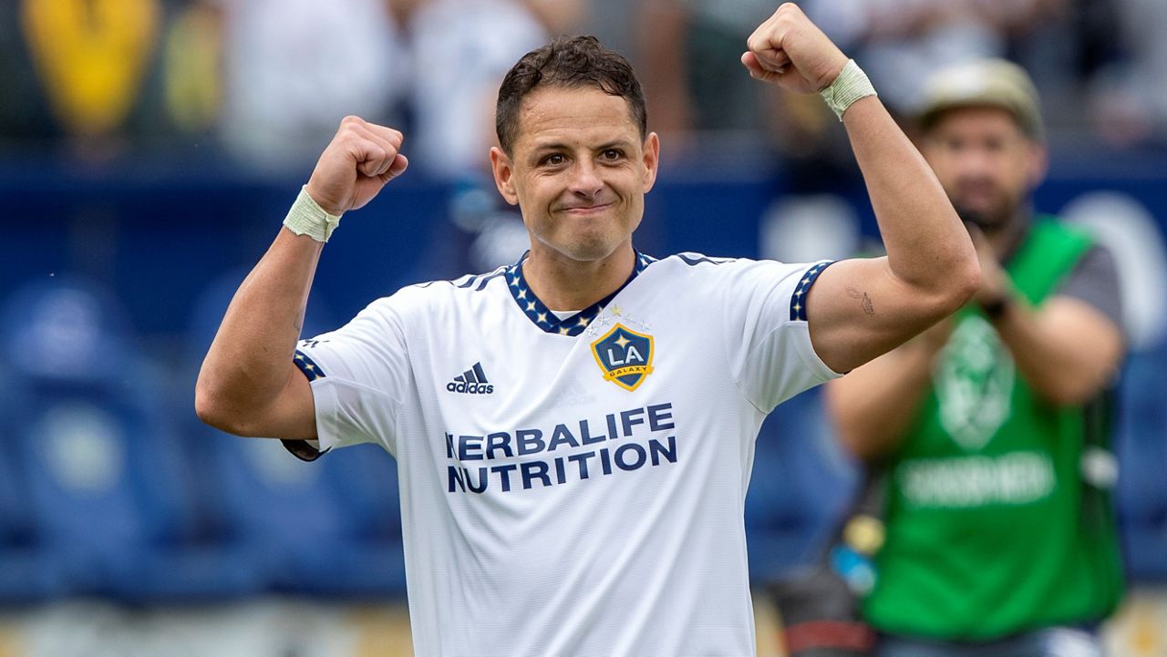 LA Galaxy forward Javier Hernandez reacts to fans after the Galaxy defeated Nashville SC in an MLS playoff soccer match, in Carson, Calif., Saturday, Oct. 15, 2022. (AP Photo/Alex Gallardo)
