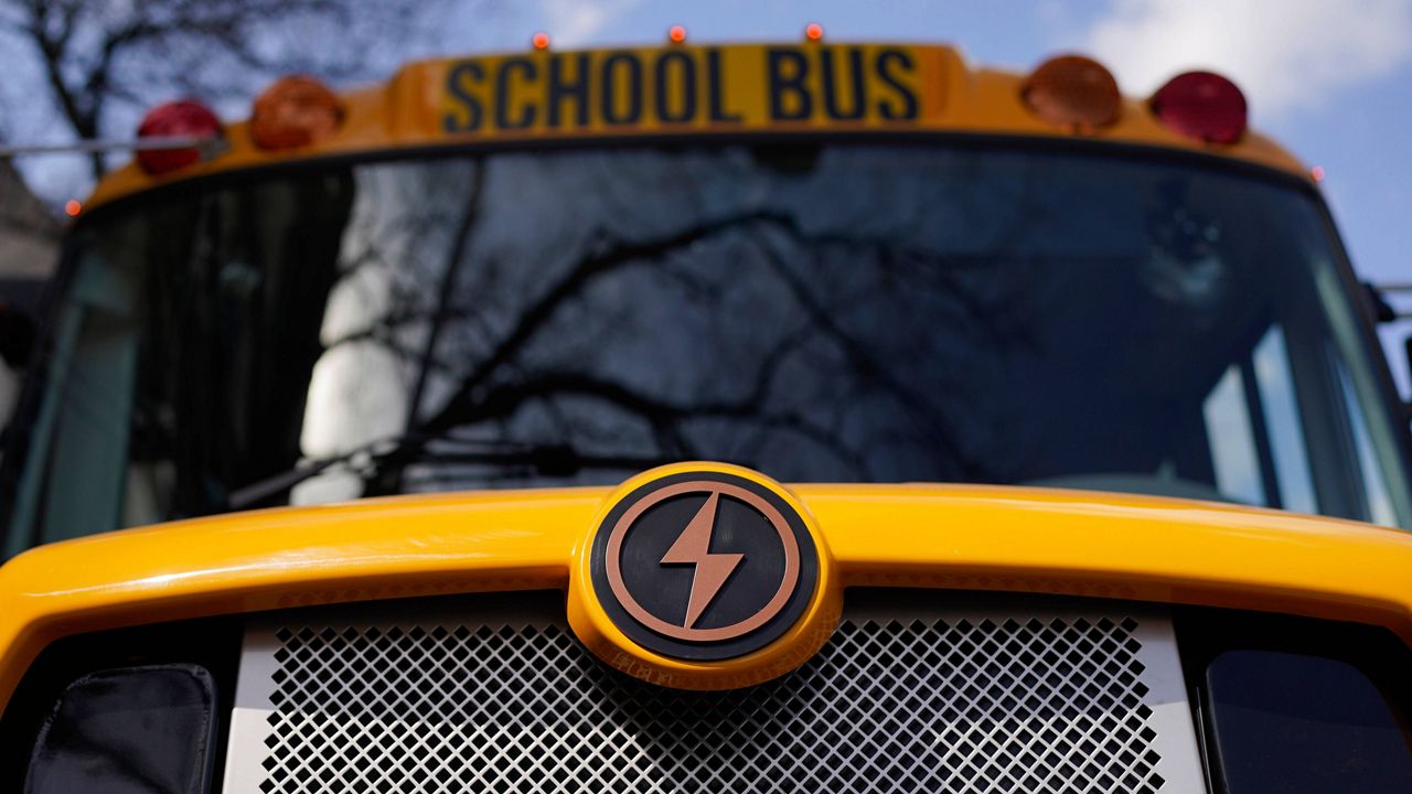 A Lion electric school bus is seen on display in Austin, Texas, Feb. 22, 2023. (AP Photo/Eric Gay, File)
