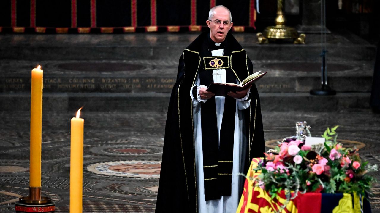 Archbishop of Canterbury Justin Welby gives a reading at the funeral of Queen Elizabeth II in Westminster Abbey. (Ben Stansall/Pool via AP)