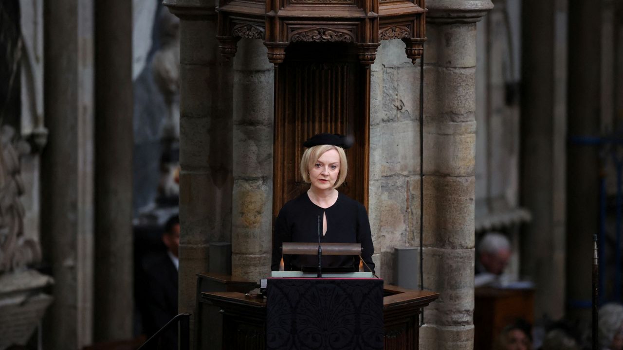 British Prime Minister Liz Truss speaks during the funeral of Queen Elizabeth II. (Phil Noble/Pool Photo via AP)