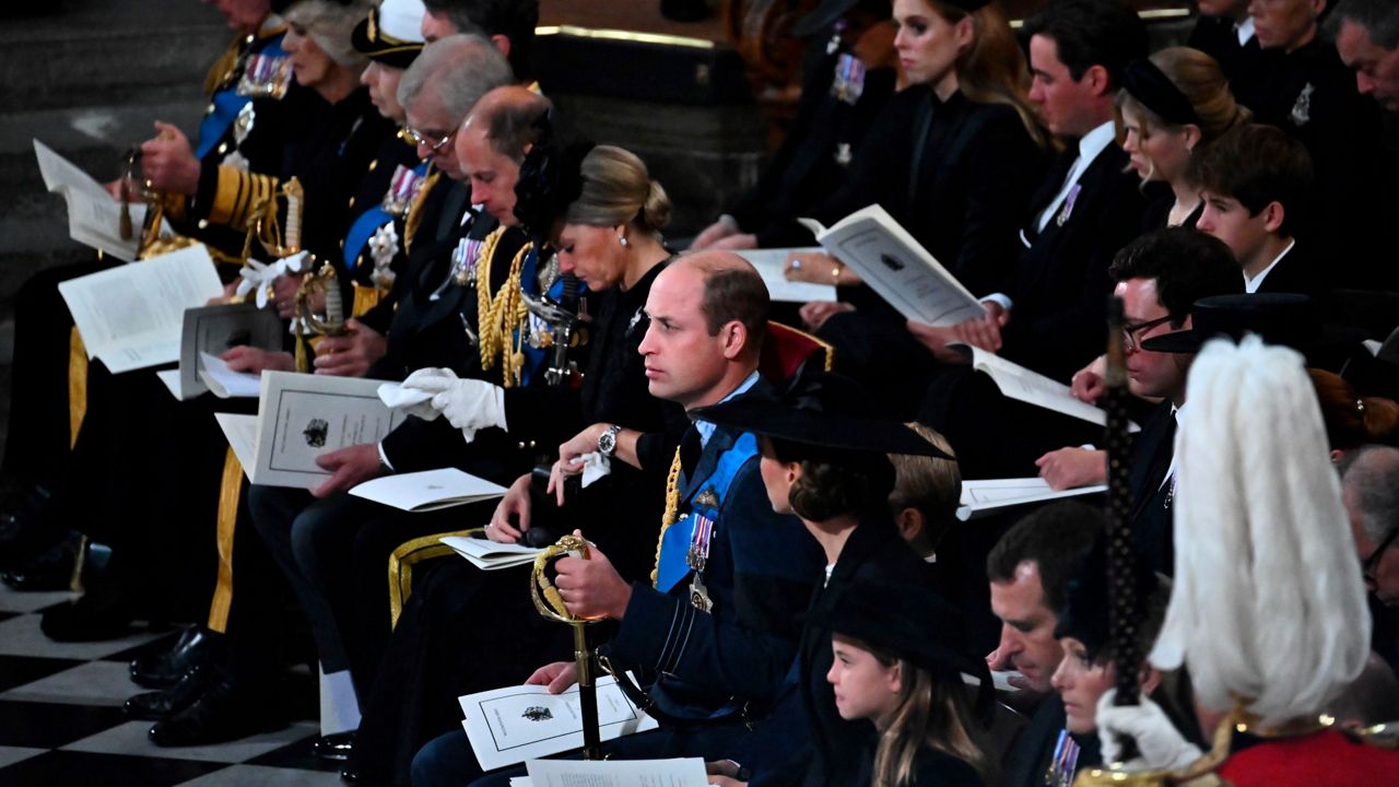 Members of the royal family attend Queen Elizabeth II's funeral. (Ben Stansall/Pool via AP)