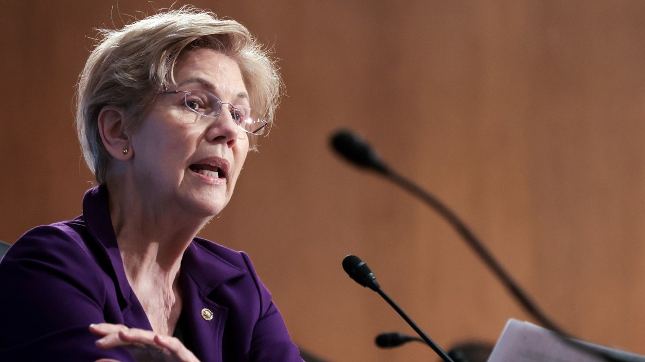 Sen. Elizabeth Warren, D-Mass., speaks during a Senate Banking Committee hearing on Tuesday, Feb. 15, 2022, in Washington. (Win McNamee/Pool via AP)