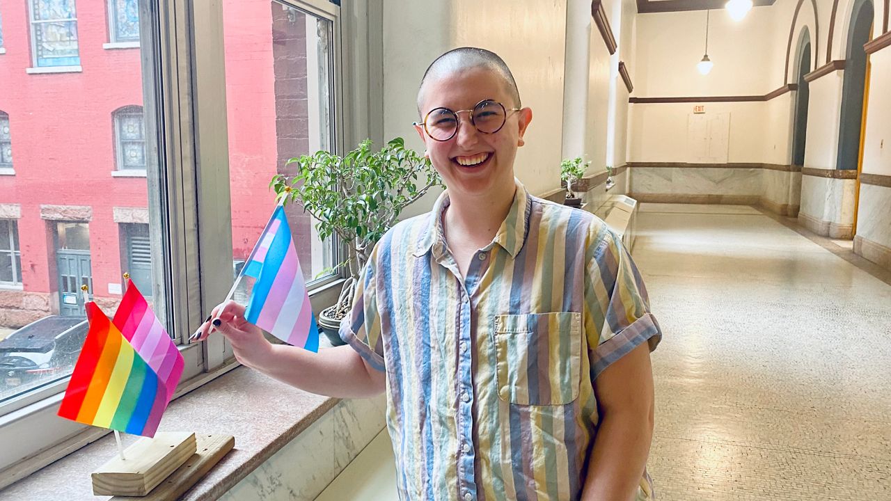 Elliot Draznin thanked the city for being so supportive of the trans community. They believe Friday's press conference will send a message to the statehouse. (Casey Weldon/Spectrum News 1)