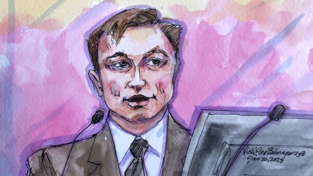 In this courtroom sketch, Elon Musk appears in federal court in San Francisco on Friday. (Vicki Behringer via AP)