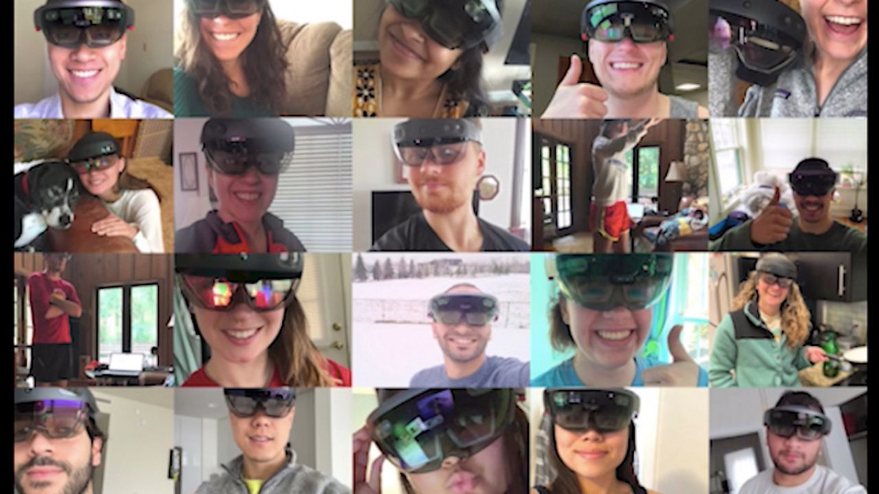 a screen with a collage of photos of students wearing HoloLenses