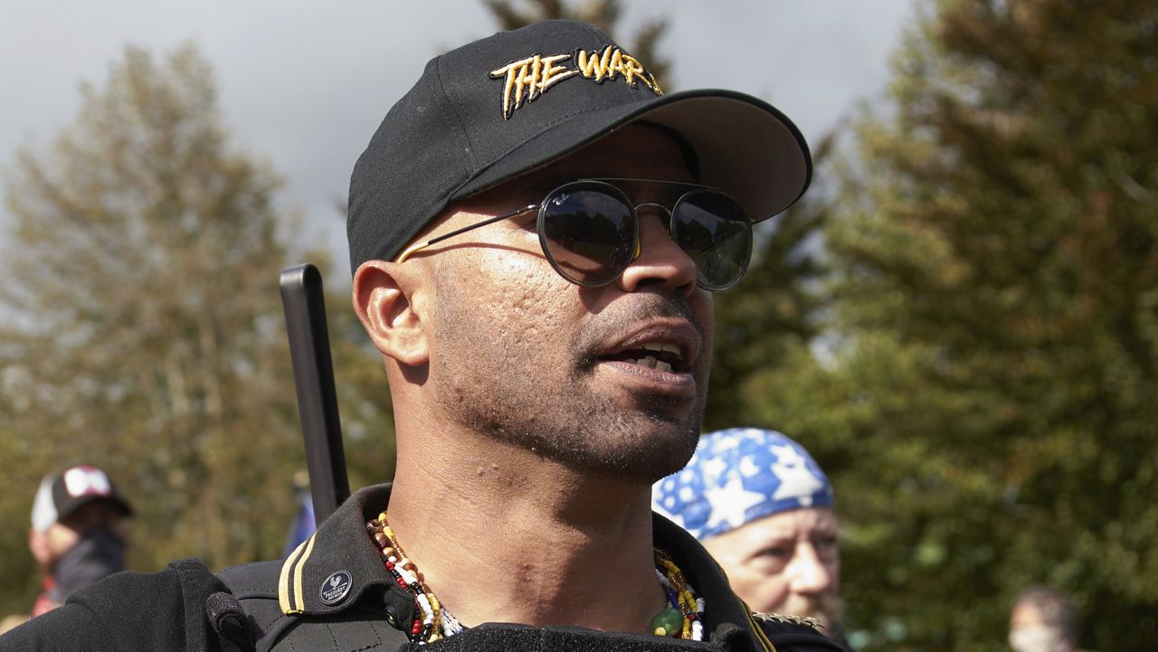 Proud Boys leader Enrique Tarrio speaks at a rally in Portland, Ore., on Sept. 26, 2020. (AP Photo/Allison Dinner, File)
