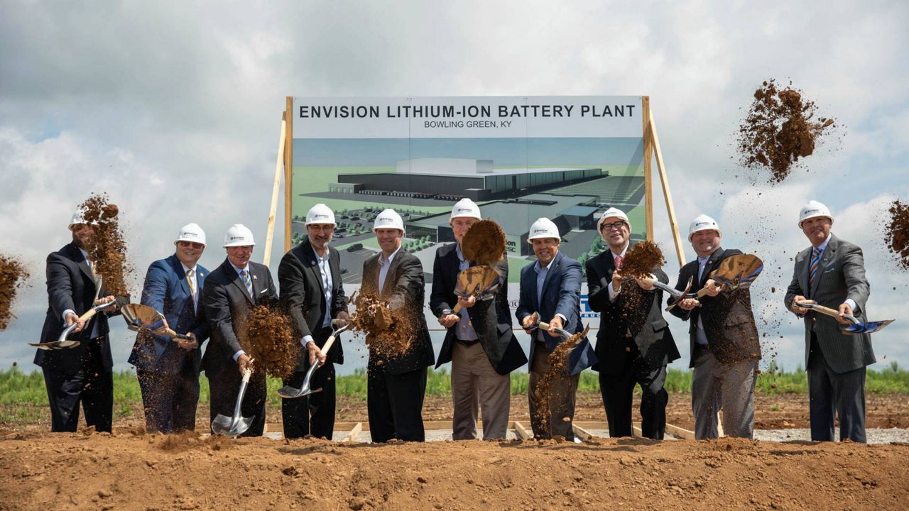 Gov. Andy Beshear, Envision AESC executives and a group of elected officials break ground on the $2 billion, 3-million-square-foot Envision AESC electric vehicle battery technology gigafactory to be constructed in the Kentucky Transpark in Bowling Green, Ky., Tuesday, Aug. 30, 2022. (AP Photo/Grace Ramey)