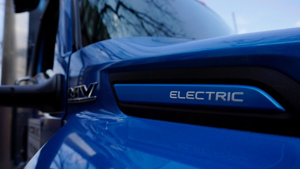 An International Electric MV Series truck is seen on display in Austin, Texas, Wednesday, Feb. 22, 2023. (AP Photo/Eric Gay, FIle)