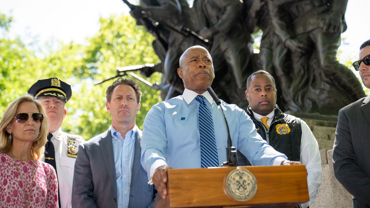 Mayor Eric Adams denounced protesters who vandalized a World War I memorial in Central Park on Monday night. (Ed Reed/Mayoral Photography Office)