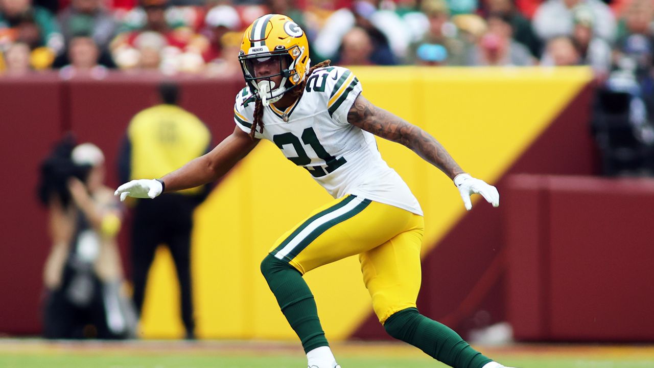 Green Bay Packers cornerback Eric Stokes watches a play develop during the NFL football team's game against the Washington Commanders