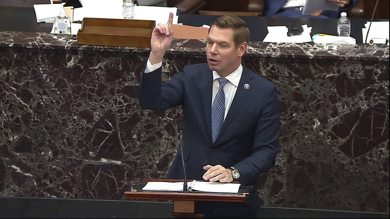 House impeachment manager Rep. Eric Swalwell speaks during the second impeachment trial of former President Donald Trump on Feb. 10. (Senate Television via AP)