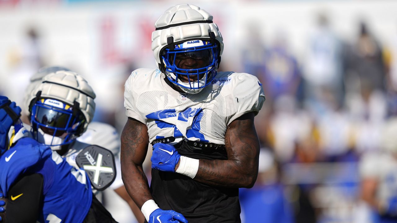 Los Angeles Rams linebacker Ernest Jones IV reacts during NFL football training camp Monday, July 29, 2024, in Los Angeles. (AP Photo/Ryan Sun)