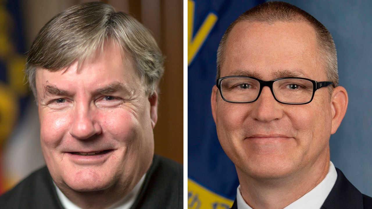 Associate Justice Sam Ervin IV, left, a Democrat, and Republican Trey Allen, general counsel for the state court system, are running for N.C. Supreme Court. (N.C. Administrative Office of the Courts, left; Trey Allen Campaign right, via AP, File)