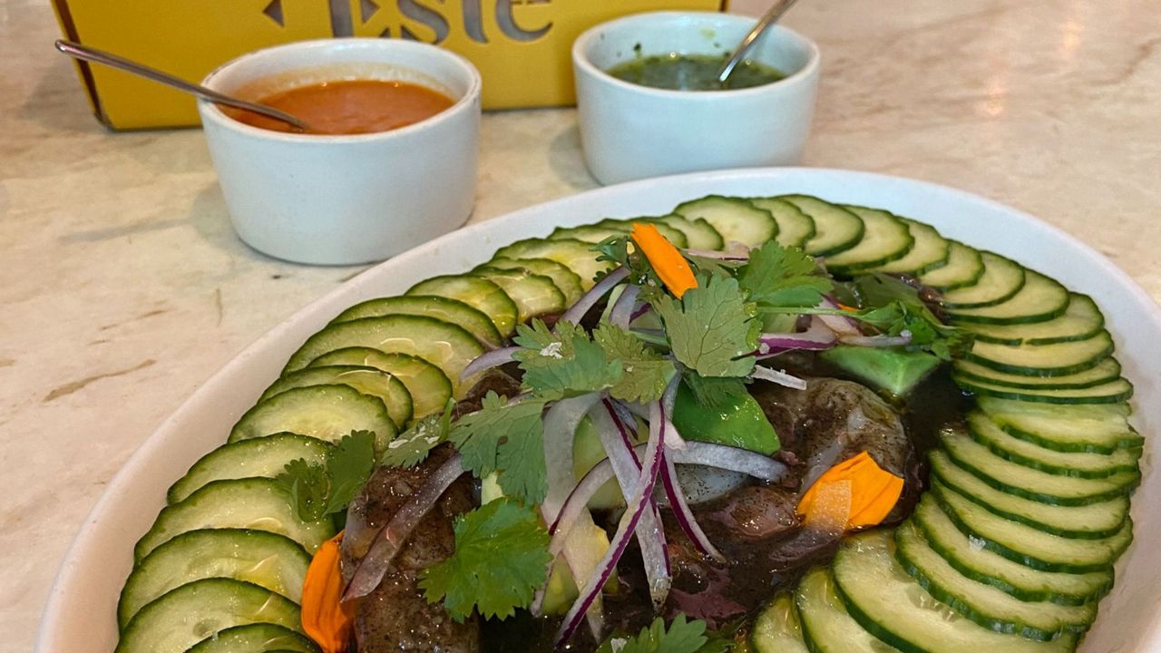 A plate of shrimp aguachile negro at Este in Austin, Texas. (Spectrum News 1/FILE)