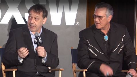Producer and "Evil Dead" creator Sam Raimi, left, and producer and original "Evil Dead" star Bruce Campbell appear at the “Evil Dead Rise: Flesh-Possessing Demons Come Home" South by Southwest Conference & Festivals featured session in Austin, Texas, on March 15, 2023. (SXSW)